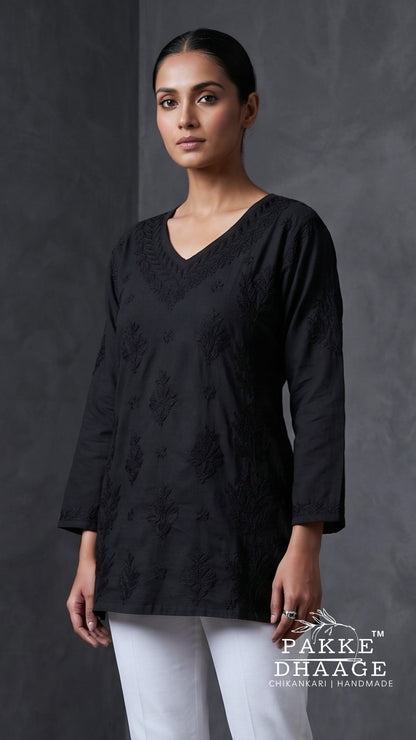 Anika Pure Cotton Chikankari Short Kurti - Black
