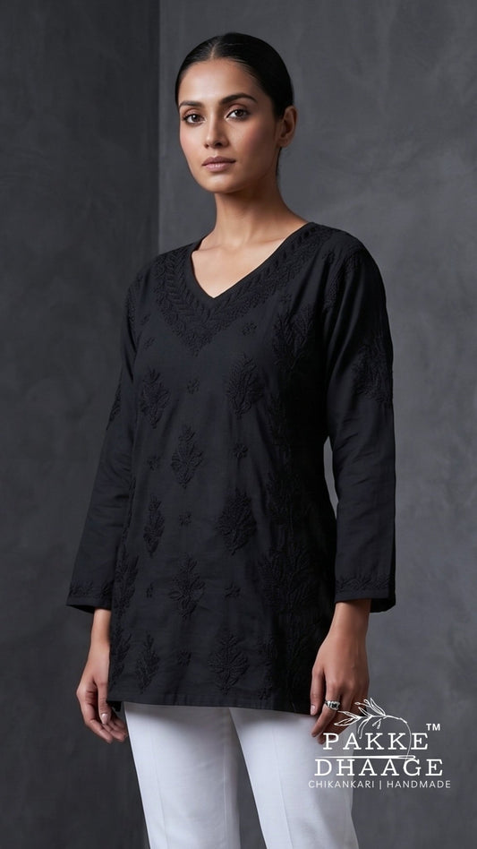 Anika Pure Cotton Chikankari Short Kurti - Black