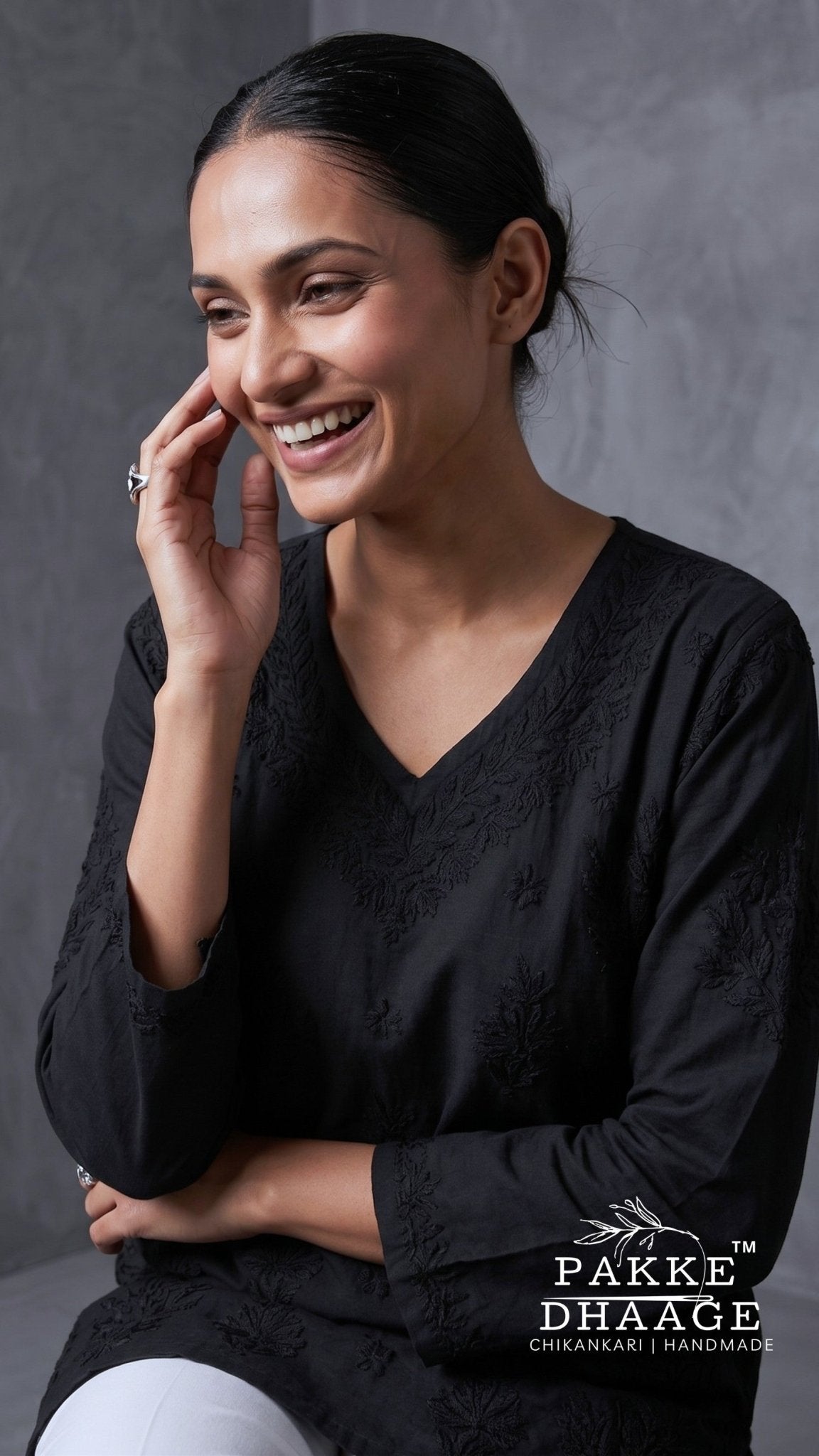 Anika Pure Cotton Chikankari Short Kurti - Black