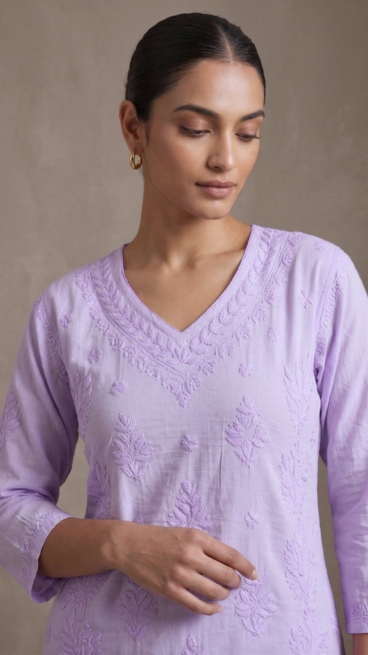 Anika Pure Cotton Chikankari Short Kurti - Lilac