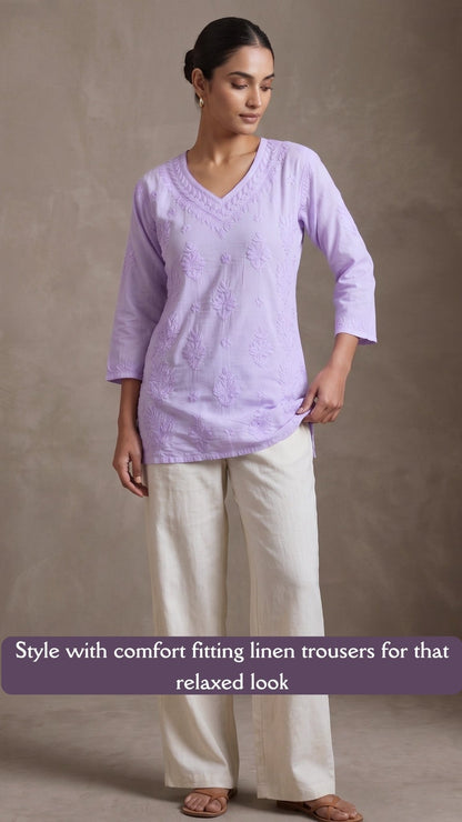 Anika Pure Cotton Chikankari Short Kurti - Lilac