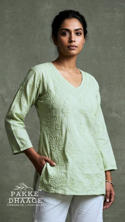Anika Pure Cotton Chikankari Short Kurti - Pistachio Green