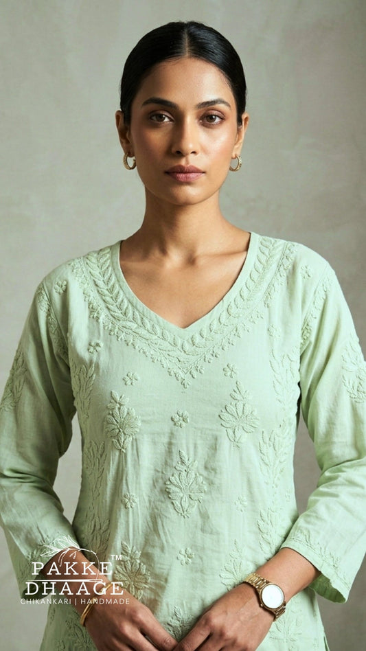 Anika Pure Cotton Chikankari Short Kurti - Pistachio Green