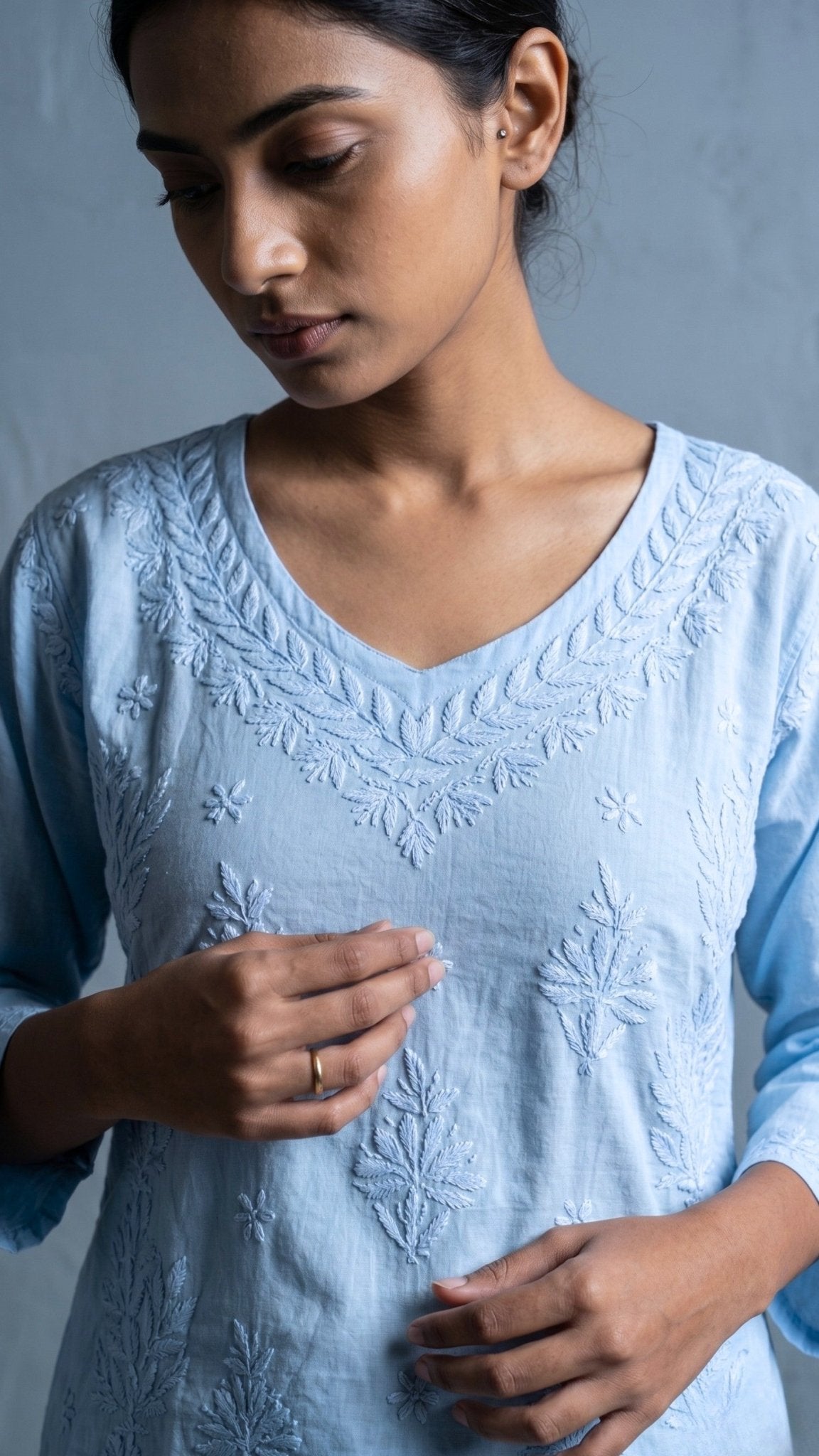 Anika Pure Cotton Chikankari Short Kurti - Powder Blue