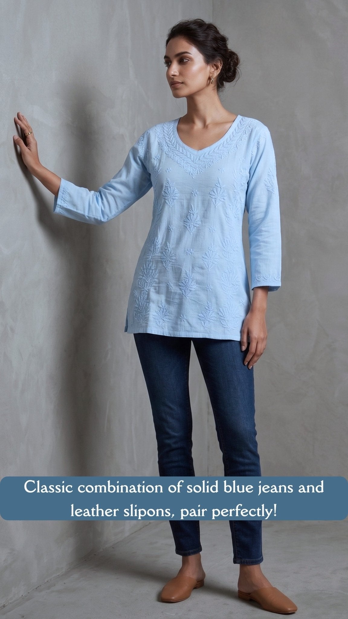 Anika Pure Cotton Chikankari Short Kurti - Powder Blue