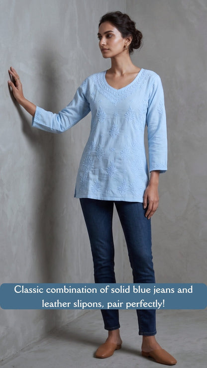 Anika Pure Cotton Chikankari Short Kurti - Powder Blue