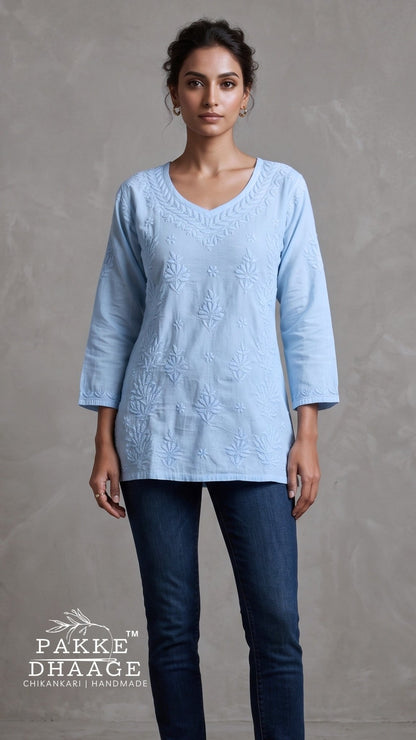 Anika Pure Cotton Chikankari Short Kurti - Powder Blue