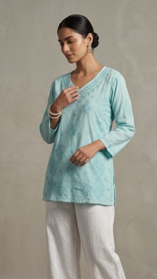 Anika Pure Cotton Chikankari Short Kurti - Sea Green