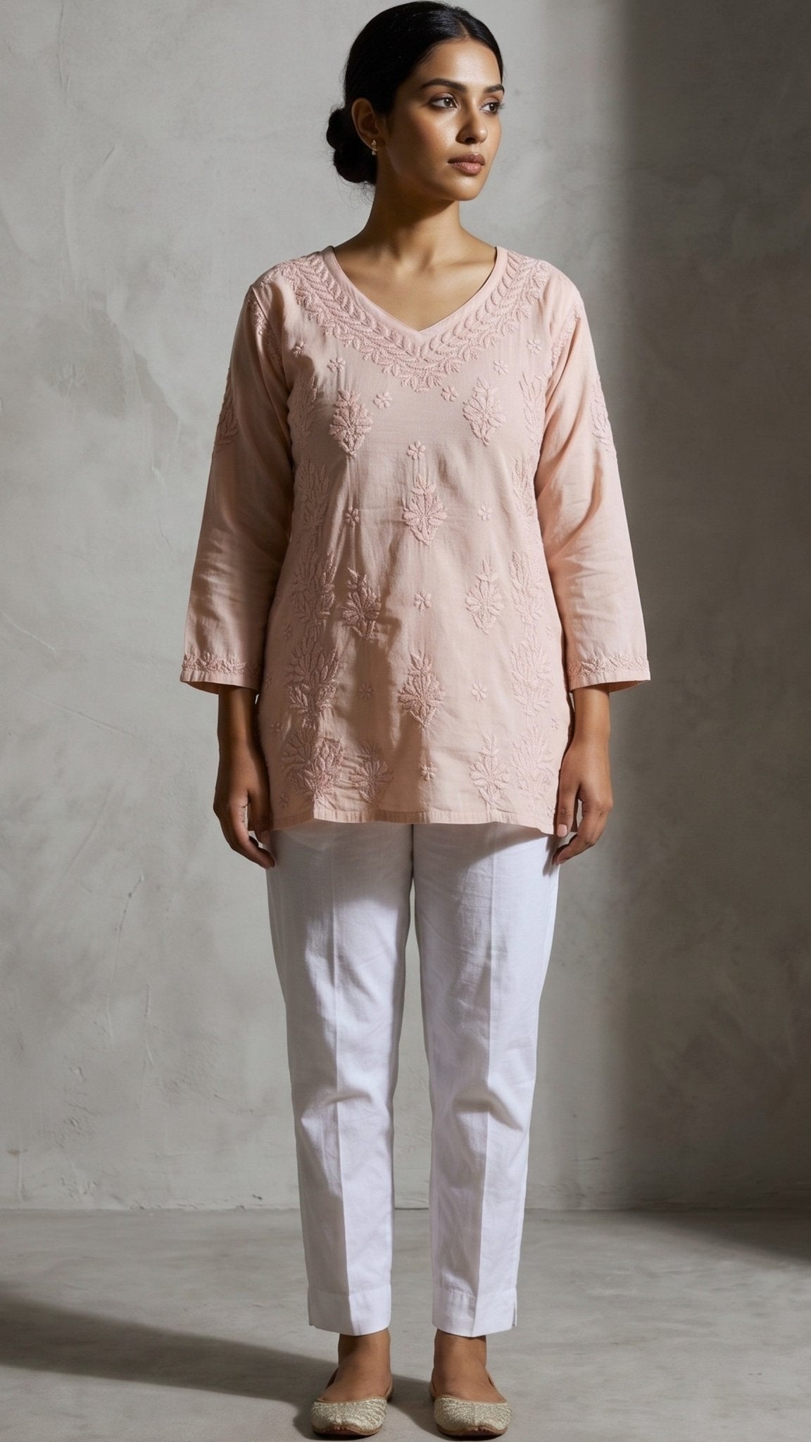 Anika Pure Cotton Chikankari Short Kurti - Soft Latte