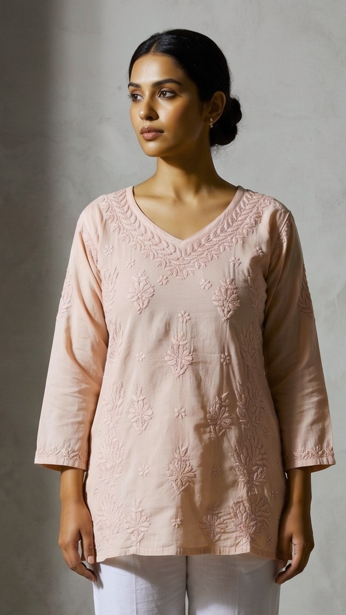 Anika Pure Cotton Chikankari Short Kurti - Soft Latte