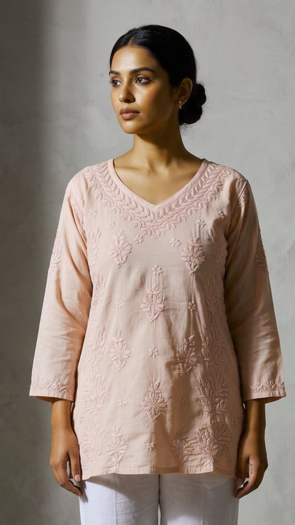 Anika Pure Cotton Chikankari Short Kurti - Soft Latte