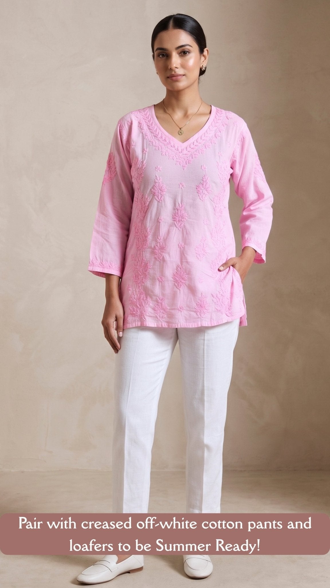 Anika Pure Cotton Chikankari Short Kurti - Soft Pink