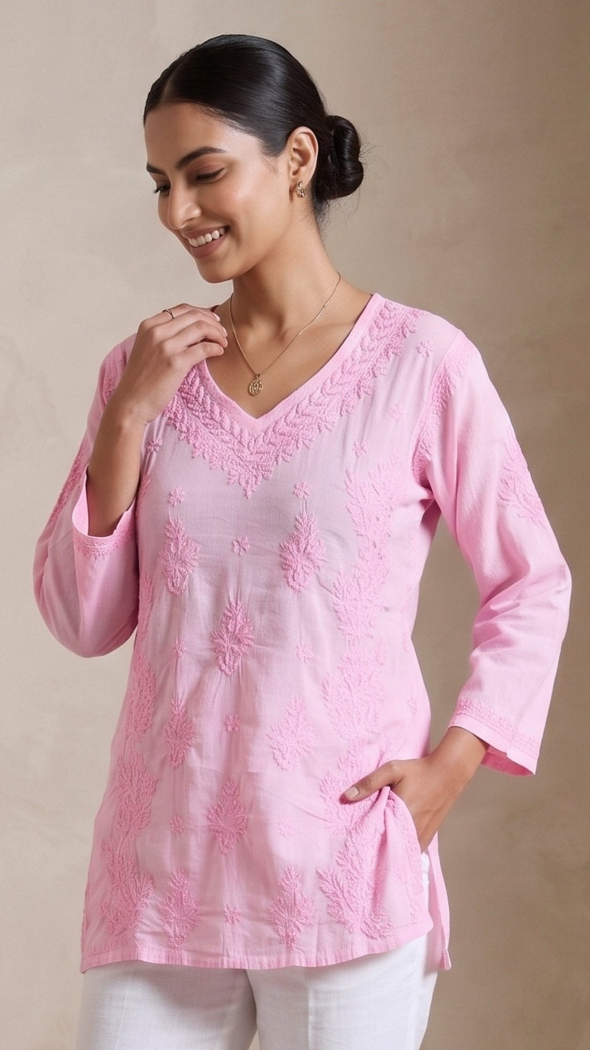 Anika Pure Cotton Chikankari Short Kurti - Soft Pink