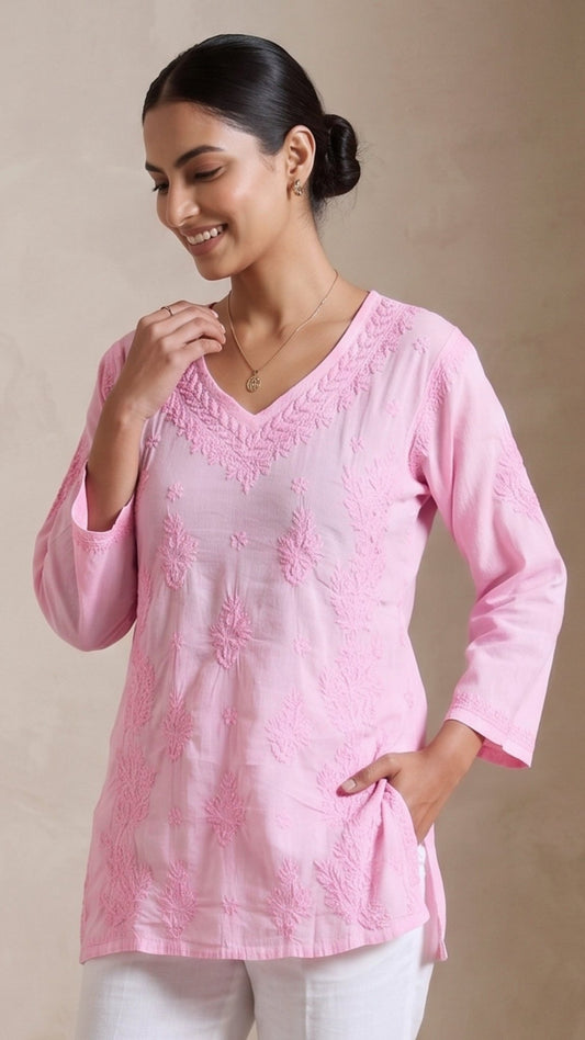 Anika Pure Cotton Chikankari Short Kurti - Soft Pink