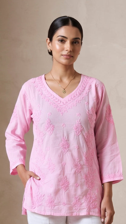 Anika Pure Cotton Chikankari Short Kurti - Soft Pink