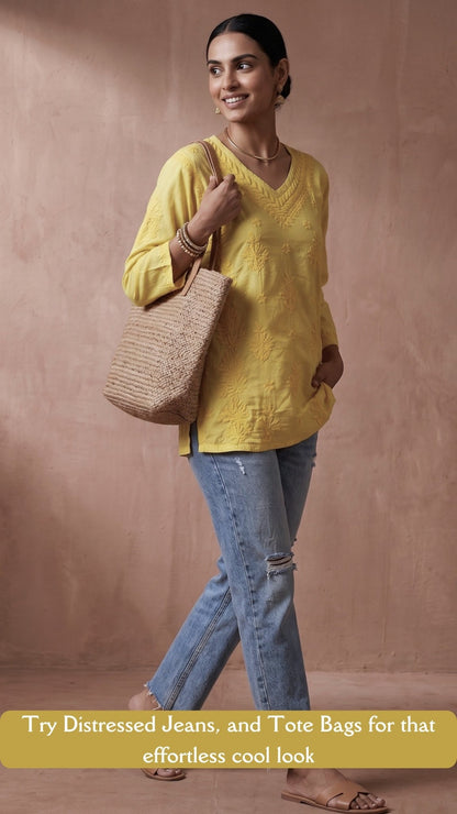 Anika Pure Cotton Chikankari Short Kurti - Sunshine Yellow