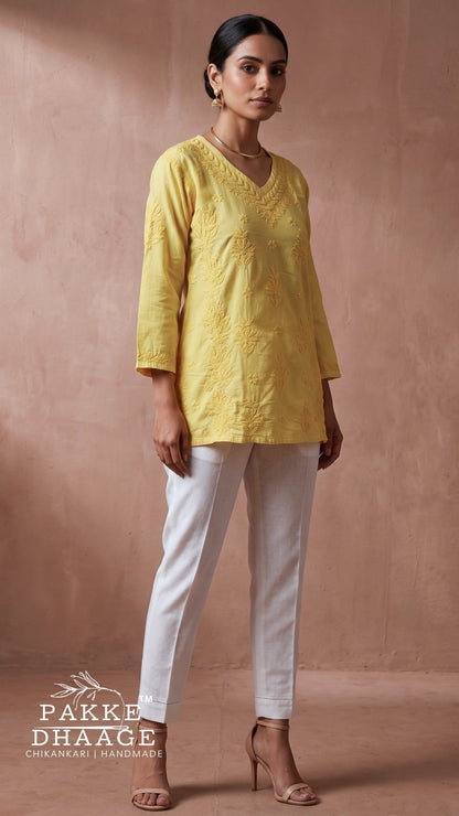 Anika Pure Cotton Chikankari Short Kurti - Sunshine Yellow