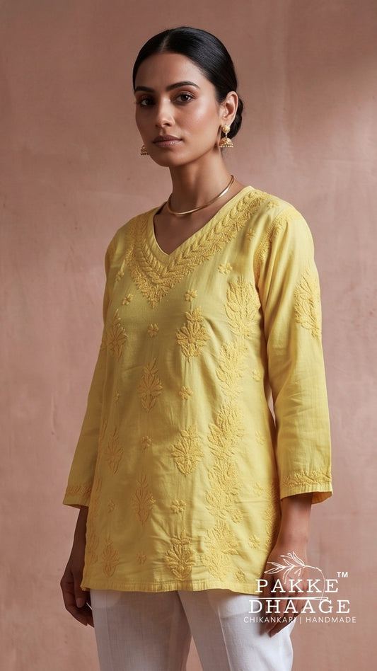 Anika Pure Cotton Chikankari Short Kurti - Sunshine Yellow