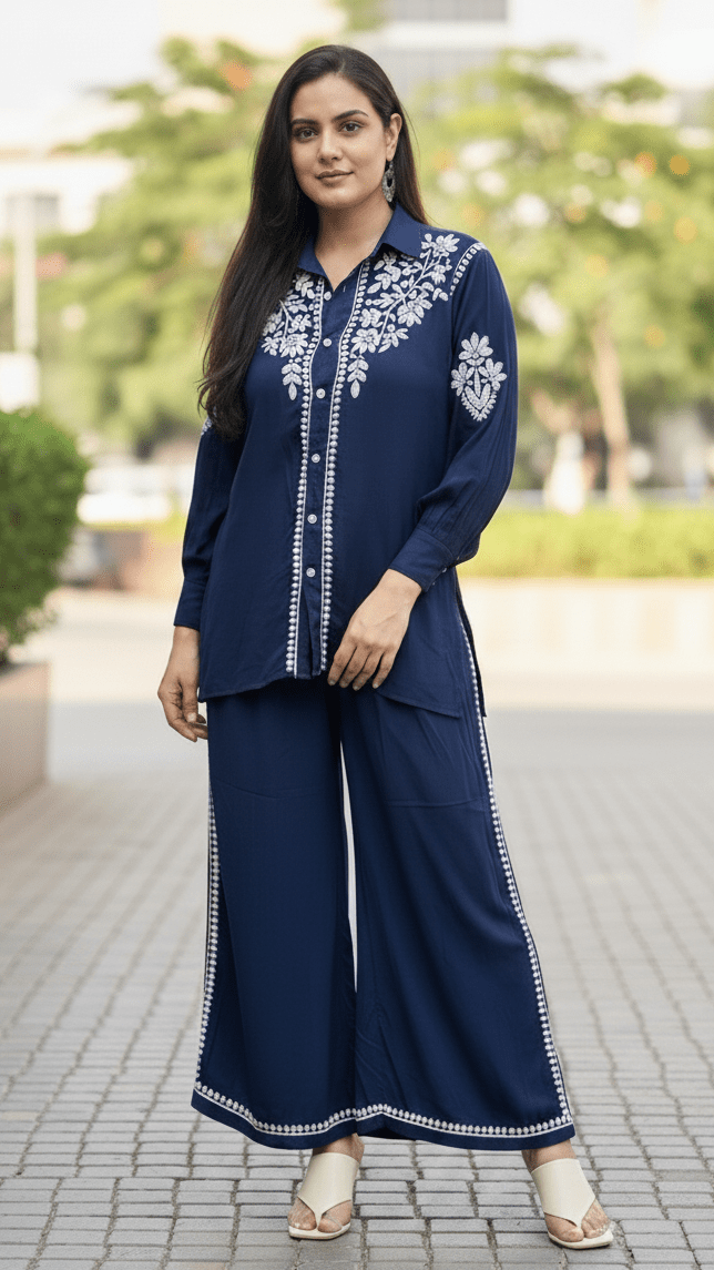 Woman wearing a navy blue traditional outfit with white embroidery outdoors.