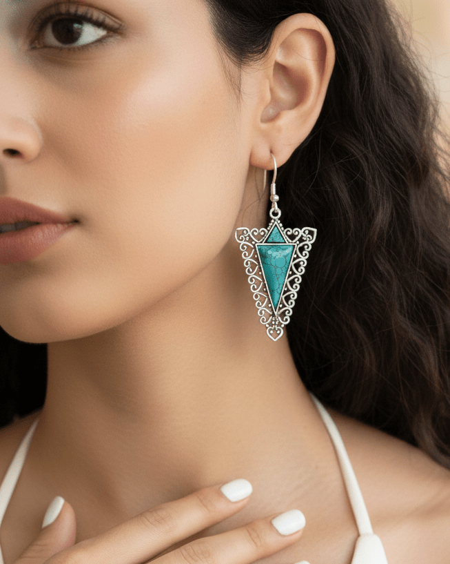 Woman wearing a turquoise triangle earring with a blurred background