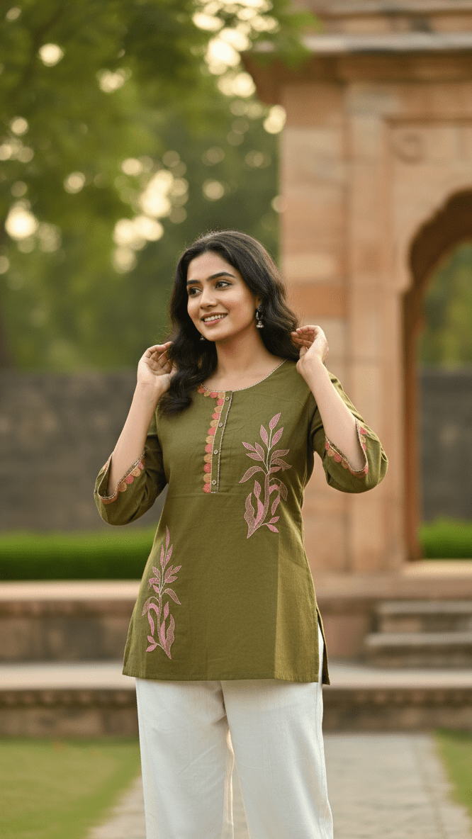 Woman in a green embroidered top and white pants standing outdoors with greenery and architectural elements in the background.