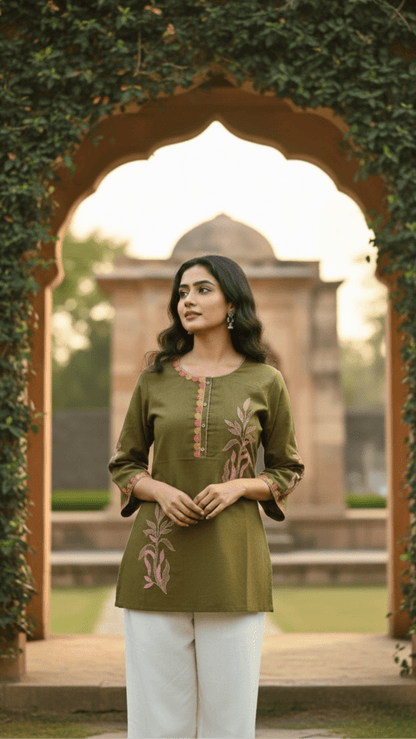 Woman in a green embroidered top standing in front of an archway with greenery.