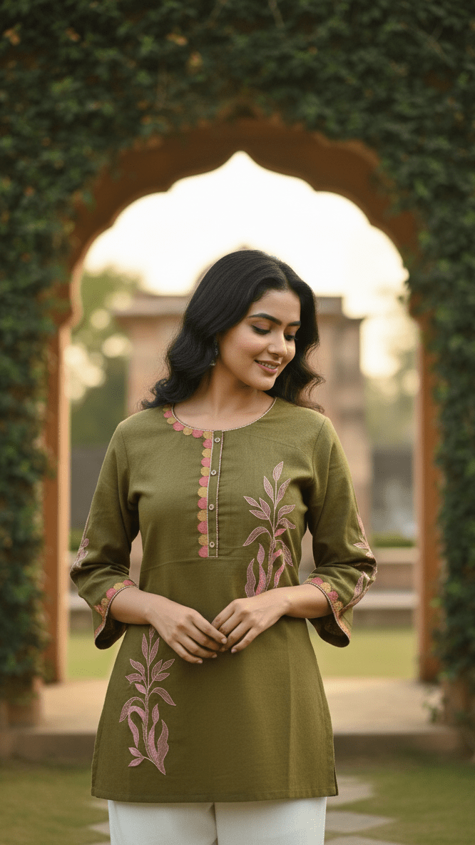 Woman wearing a green embroidered top standing in front of an archway with greenery.