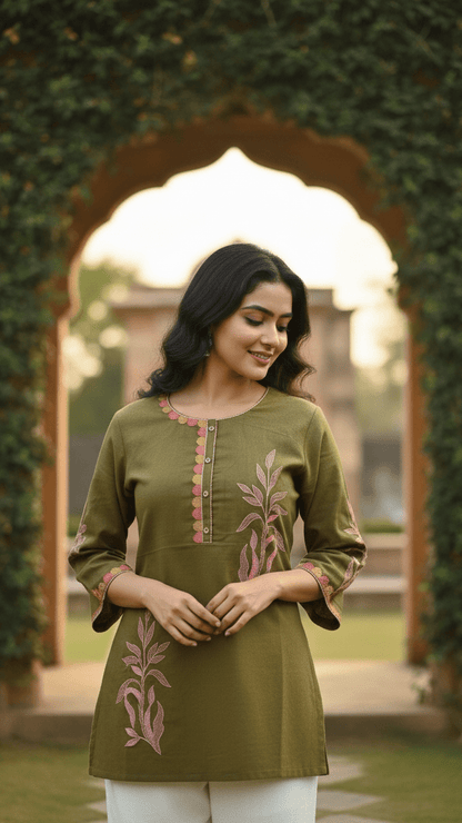 Woman wearing a green embroidered top standing in front of an archway with greenery.