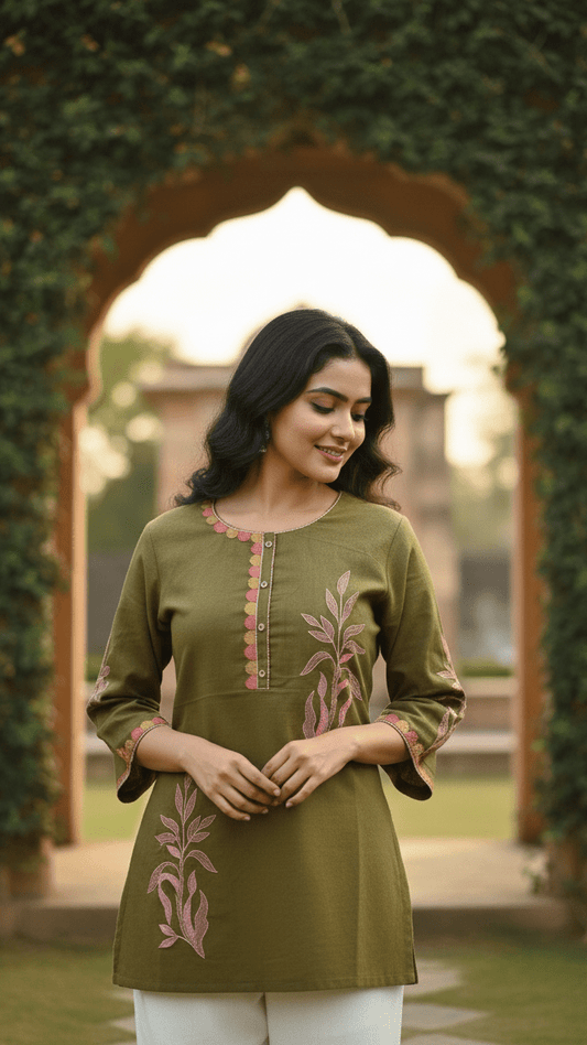 Woman wearing a green embroidered top standing in front of an archway with greenery.