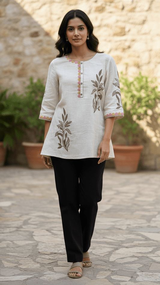 Woman wearing a white embroidered top and black pants standing outdoors with stone wall and plants in the background.