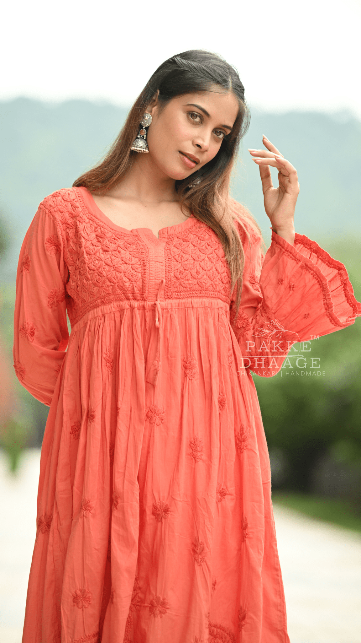 Arya Pure Cotton Chikankari Gown Burnt Orange