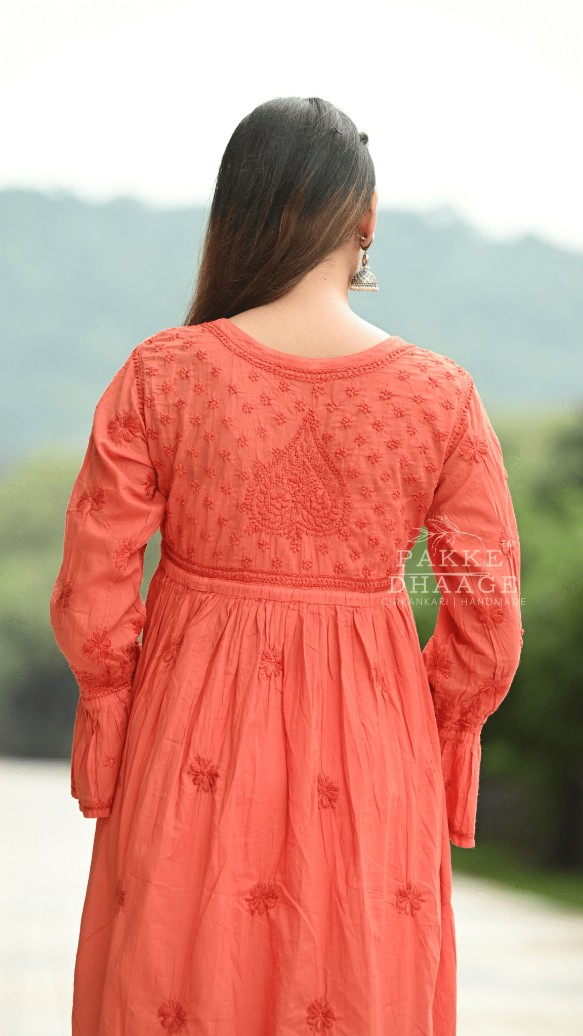 Arya Pure Cotton Chikankari Gown Burnt Orange