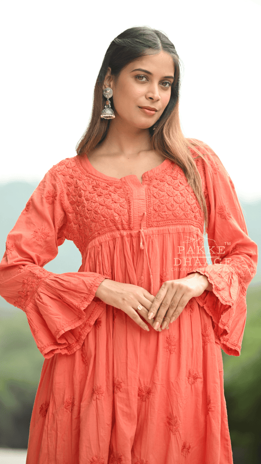 Arya Pure Cotton Chikankari Gown Burnt Orange