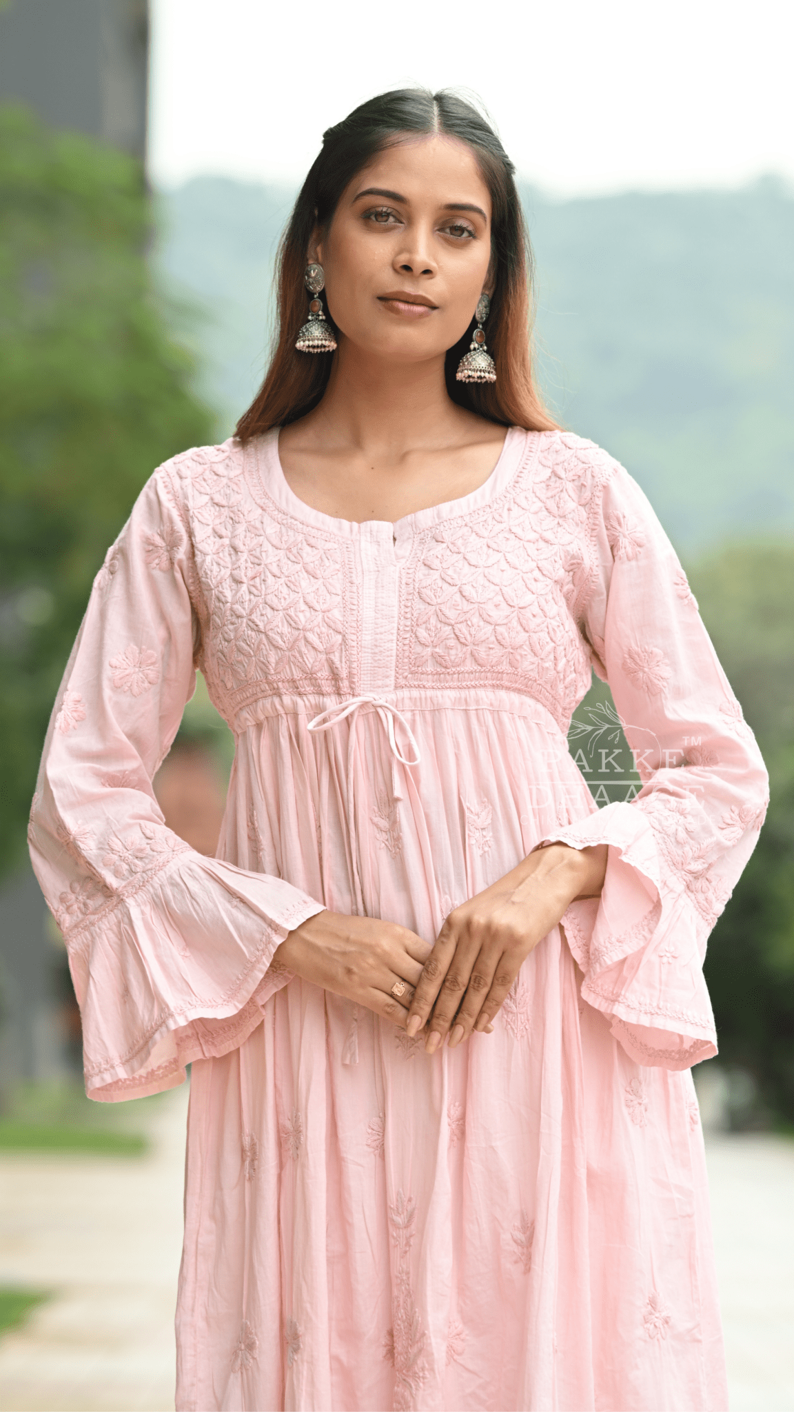 Arya Pure Cotton Chikankari Gown Peach Mousse