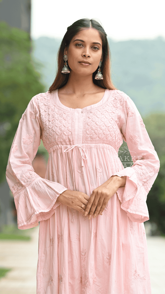 Arya Pure Cotton Chikankari Gown Peach Mousse