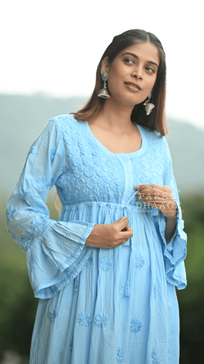 Arya Pure Cotton Chikankari Gown Powder Blue