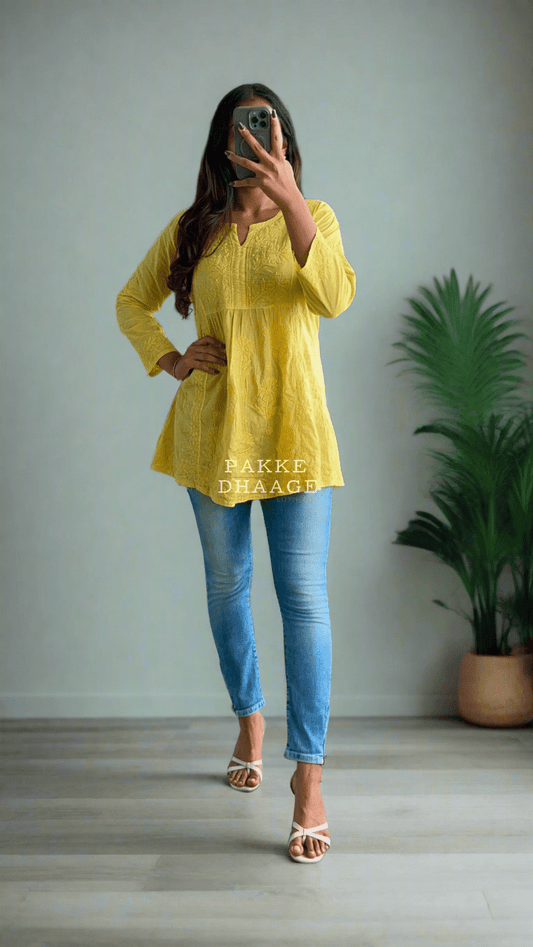 Arzoo Pure Mulmul Short Kurti - Sunshine Yellow