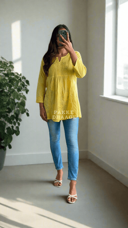 Arzoo Pure Mulmul Short Kurti - Sunshine Yellow