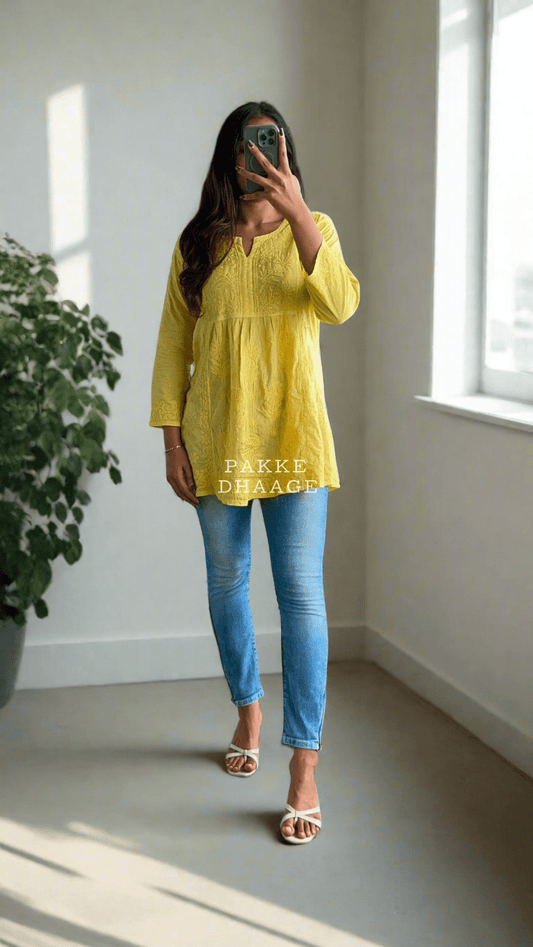 Arzoo Pure Mulmul Short Kurti - Sunshine Yellow