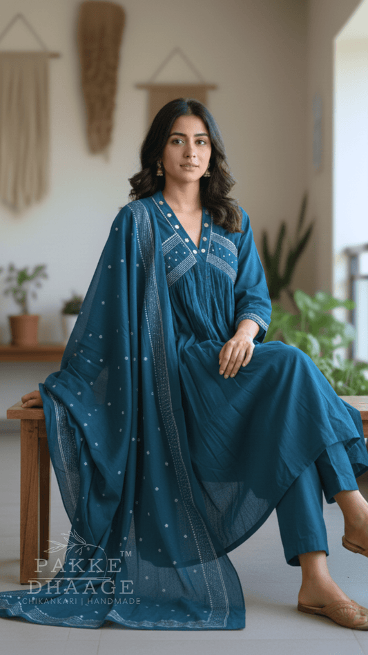 Woman in a teal traditional embroidered kurta set sitting indoors with plants in the background