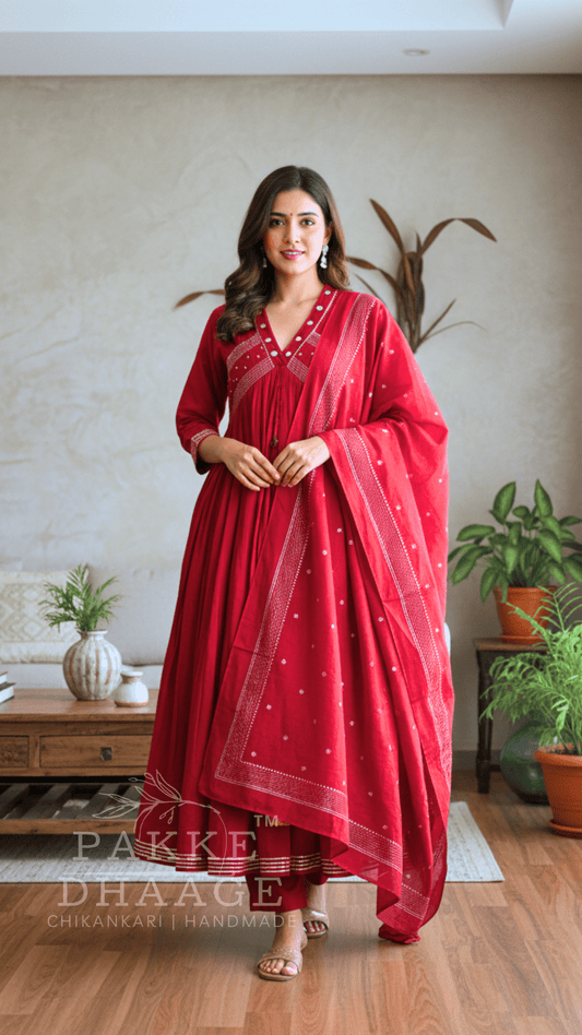 Sparkling red kurta set with contrast embroidery and mirror work