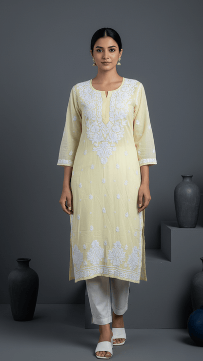 Ayesha Chikankari Pure Modal Kurtis Pastel Lemon Yellow