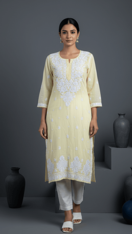 Ayesha Chikankari Pure Modal Kurtis Pastel Lemon Yellow