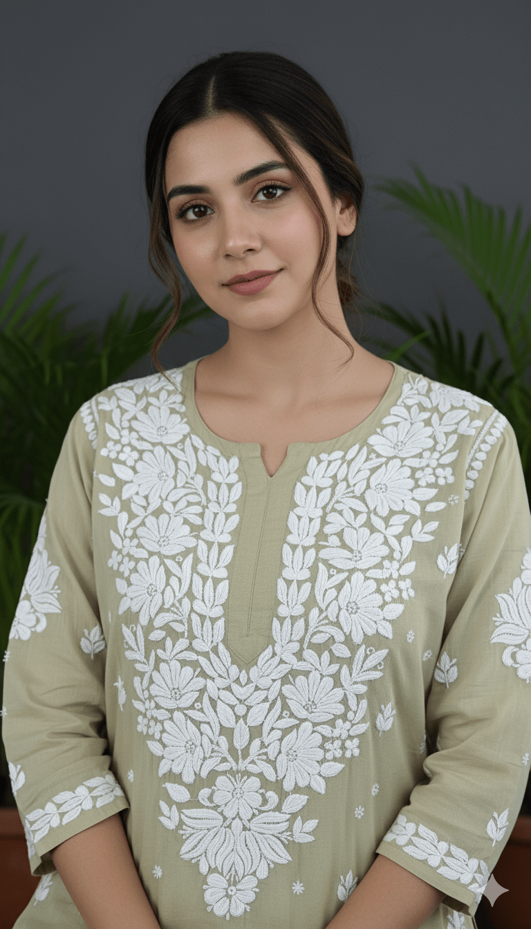 Ayesha Chikankari Pure Modal Kurtis Pastel Olive