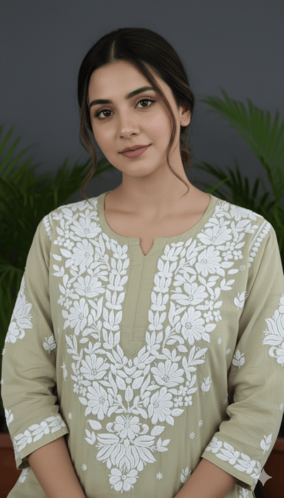 Ayesha Chikankari Pure Modal Kurtis Pastel Olive