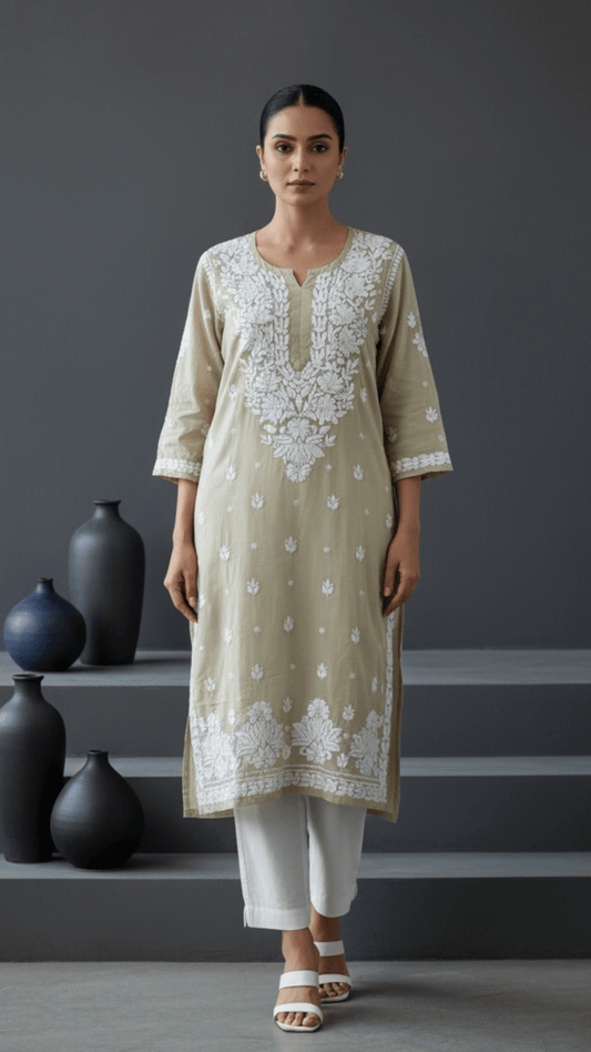 Ayesha Chikankari Pure Modal Kurtis Pastel Olive