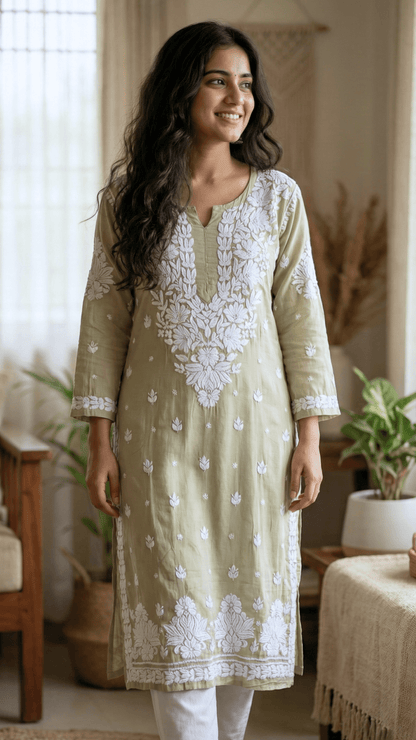 Ayesha Chikankari Pure Modal Kurtis Pastel Olive