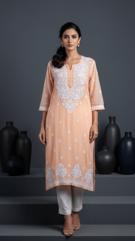 Ayesha Chikankari Pure Modal Kurtis Pastel Peach
