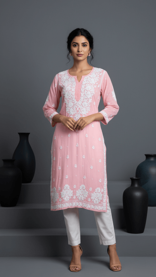Ayesha Chikankari Pure Modal Kurtis Pastel Pink