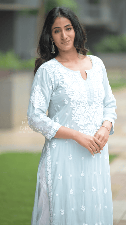 Ayesha Chikankari Pure Modal Kurtis Soft Ocean Blue